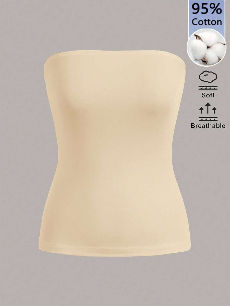 SHEIN BASICS 女款休閒百搭純色抹胸上衣 - 卡其色 - 查看 1