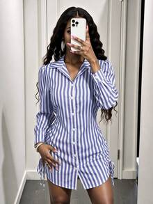 BamGleam Striped Side Cinched Waist Shirt Dress Fall Cloth For Women - Navy Blue - View 4
