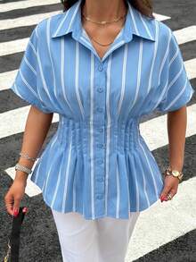 Siren Gaze 女款藍白條紋拼接休閒法式優雅百搭日常早午餐辦公通勤襯衫 夏季 - 藍色 - 查看 5