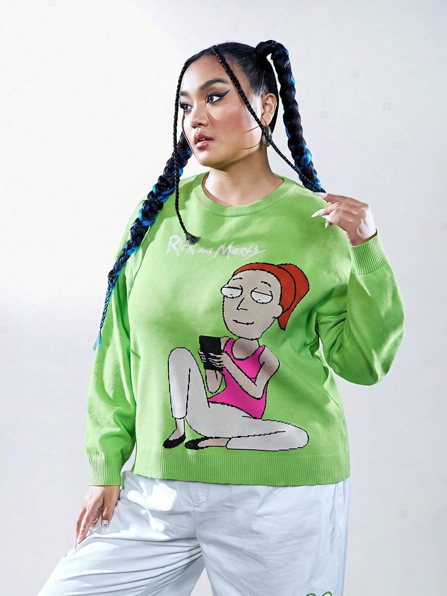 Rick and Morty X SHEIN Plus Figure & Letter Pattern Drop Shoulder Sweater - Green - View 1