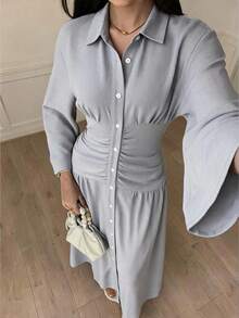 Solavon 女款紋理百褶單排扣長袖阿拉伯風洋裝 - 藍色 - 查看 1