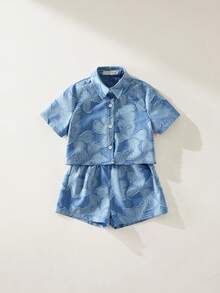 Maija Kids Maija Kids 两件套少女休闲优雅都市学院风可爱百合提花图案镂空蝴蝶结装饰浅蓝色无牛仔领短袖衬衫短裤套装，适合休闲、外出、派对、度假、春季、夏季穿着。 - 藍色 - 查看 3