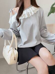 FRIFUL Women's Early Autumn New Korean Style Asymmetric Neck Lace Trim Tie-Up Patchwork Sweatshirt - Grey - View 1