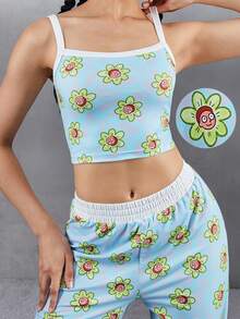 Rick and Morty X SHEIN 女士全花卉印花短款吊带背心和休闲裤舒适睡衣套装 - 綠色 - 查看 3
