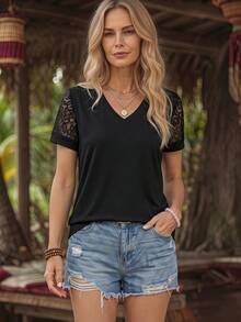 Holdful Holdful Women Lace Patchwork V-Neck Short Sleeve Casual Top - Black - View 1