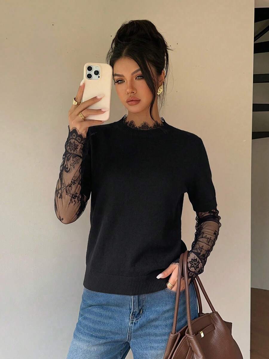 Siren Gaze Lace Patchwork Sweater, 2 In 1 Fuzzy Knit, Elegant Long ...