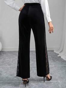 Lavishia 女款優雅性感派對晚宴酒吧夜店天鵝絨拼接蕾絲秋季長褲，喇叭褲，適合日常穿著，修身顯瘦黑色 - 黑色 - 查看 2