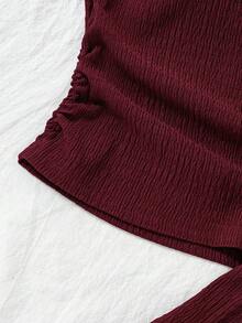 SHEIN Teen Girls' Tank Top Set T-Shirt With Asymmetric Neck Cut, Spaghetti Strap Support On One Side And Natural Shoulder Exposure On The... - Burgundy - View 8