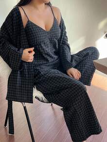 Dazy Plus 3-Piece Plaid Robe, Camisole And Long Pants Pajama Set, Spring Summer Autumn - Navy Blue - View 1