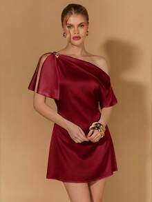 COSMINA Women's New Elegant Satin Mini Dress/Party Dress/Formal Occasion Cocktail Dress - Burgundy - View 5