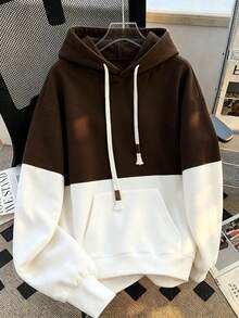 GlowEve Vintage Colorblock Brown & White Hooded Sweatshirt, Loose Casual Slouchy, Drawstring, Large Pockets, Versatile Slimming Pullover Sweatshirt For Women - Multicolor - View 4