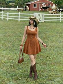 SHEIN MOD Plus Size Chocolate Brown Suede Square Neck Dress,Gold Button Sleeveless Fit And Flare Retro 1950s Vintage 1920s 90s Autumn Office Birthday Night - Brown - View 6