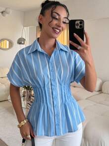 Siren Gaze 女款藍白條紋拼接休閒法式優雅百搭日常早午餐辦公通勤襯衫 夏季 - 藍色 - 查看 8