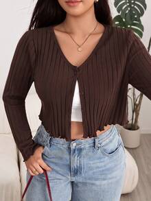 Solflare Chocolate Brown Front Button Cropped Plus Size T-Shirt - Chocolate Brown - View 3