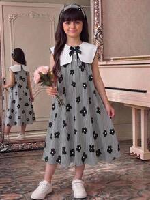 SHEIN Tween Girl Tween Girls Tween Girl Large Collar Contrast Color Floral Stripe A-Line Contrast Bow Back To School Black And White Dress - Black - View 9