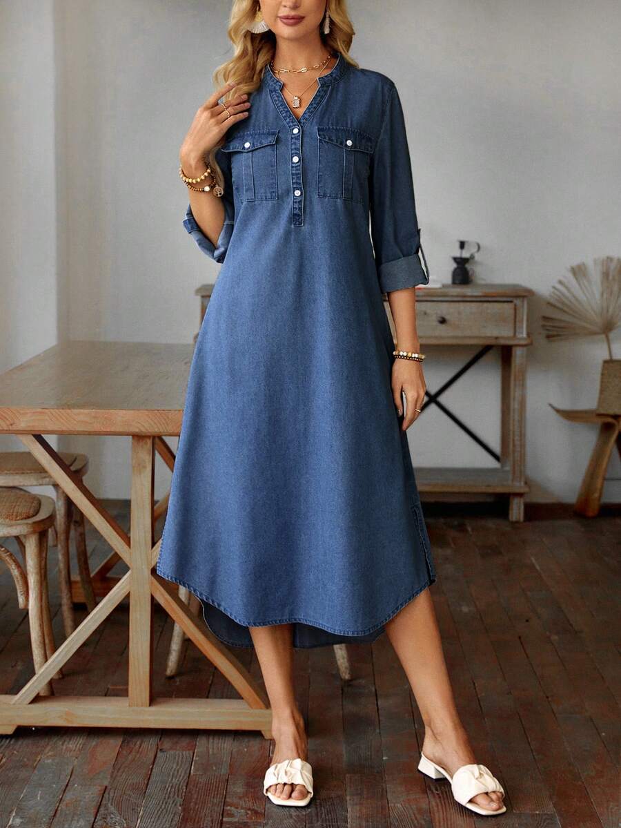 EMERY ROSE Solid Color Asymmetrical Hem Denim Dress With Notched Collar - Medium Wash - View 1