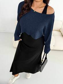 Shapeblank Setelan 2 Potong Wanita Ukuran Besar Berwarna Polos, Gaun dan Atasan Lengan Panjang, Modis untuk Musim Gugur - Navy Blue - View 5