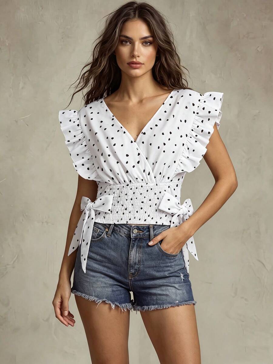 SHEIN Franclia 圓點印花荷葉袖抽褶邊側繫帶襯衫 - 白色 - 查看 1