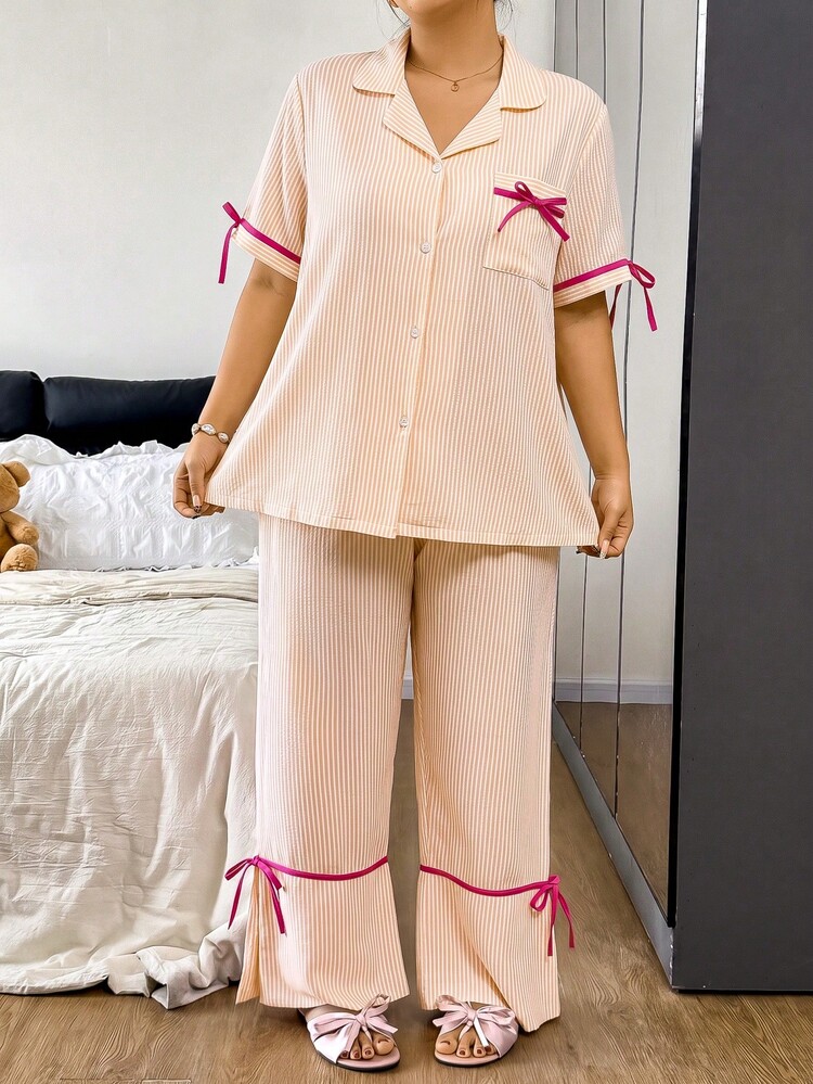 Napfluff CURVE Napfluff CURVE Vertical Pink Lapel Cardigan Set, Sweet Bow Detail Short Sleeve Plus Size Loungewear Night Summer - Multicolor - View 3