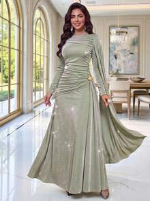 Auveirra Plus Size Women Solid Color Pleated Metallic Butterfly Decor Casual Party Dress Fall - Green - View 4