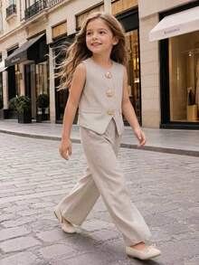 Souflis Young Girls Set, Boho, Trousers, Autumn, Fall, Fall Clothes, Fall Tops, Back To School, Babydoll Tops, Brown Top - Khaki - View 7