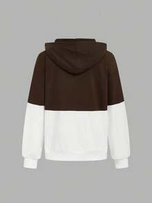 GlowEve Vintage Colorblock Brown & White Hooded Sweatshirt, Loose Casual Slouchy, Drawstring, Large Pockets, Versatile Slimming Pullover Sweatshirt For Women - Multicolor - View 3