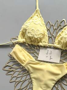 Elavelle 夏季海灘女款 2 件組 特殊紋理面料三角綁帶上衣 & 抓皺比基尼泳褲泳衣套裝 - 黃色 - 查看 4