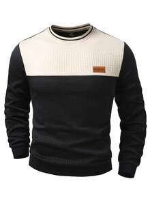 EGENSIO Men's Knitted Jacquard Solid Color Textured Collar & Cuff Flat Hem Ribbed Chest Patch Pullover Sweatshirt - Apricot - View 5