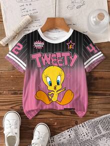 LOONEY TUNES X SHEIN Young Girls Round Neck Short Sleeve Ombre Cute Allover Print T-Shirt, Full Print - White - View 6