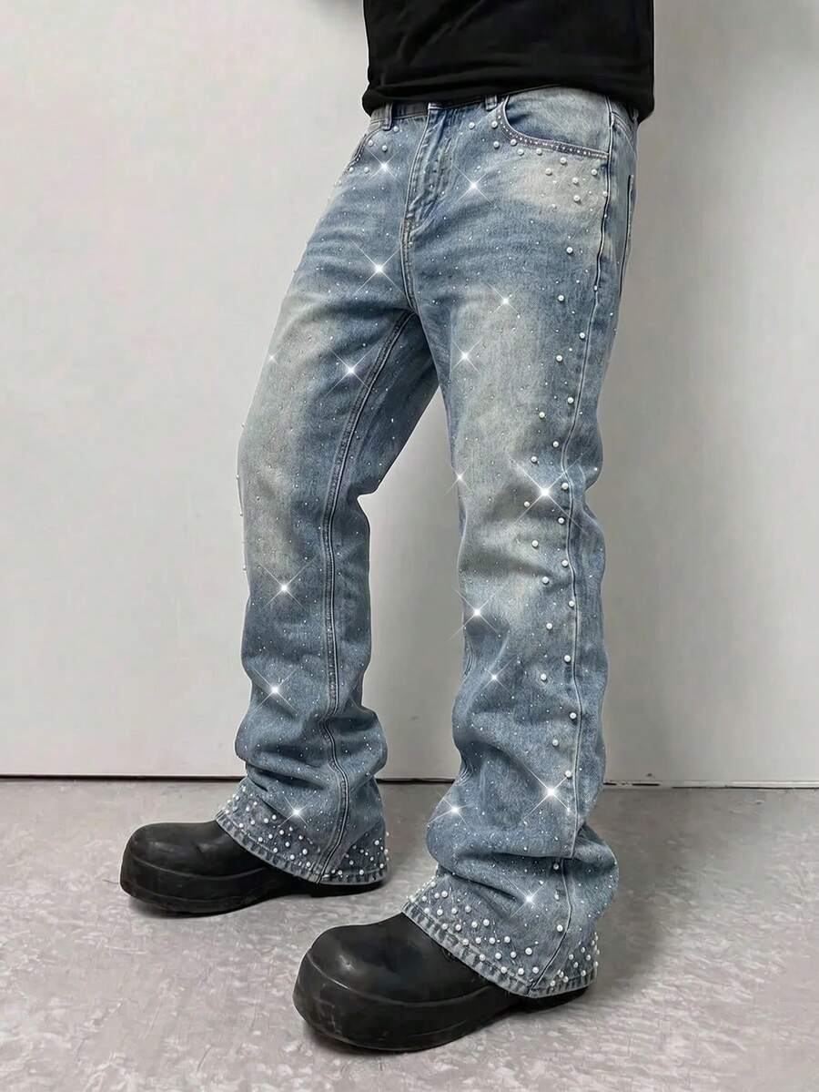 ROMWE MEN Street Life Men's Sparkling Diamond & Pearl Embellished Flared Jeans Spring/Summer - Blue - View 1