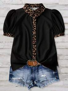 EMERY ROSE Plus Size Women Leopard Print Contrast Color Casual Shirt - Multicolor - View 1