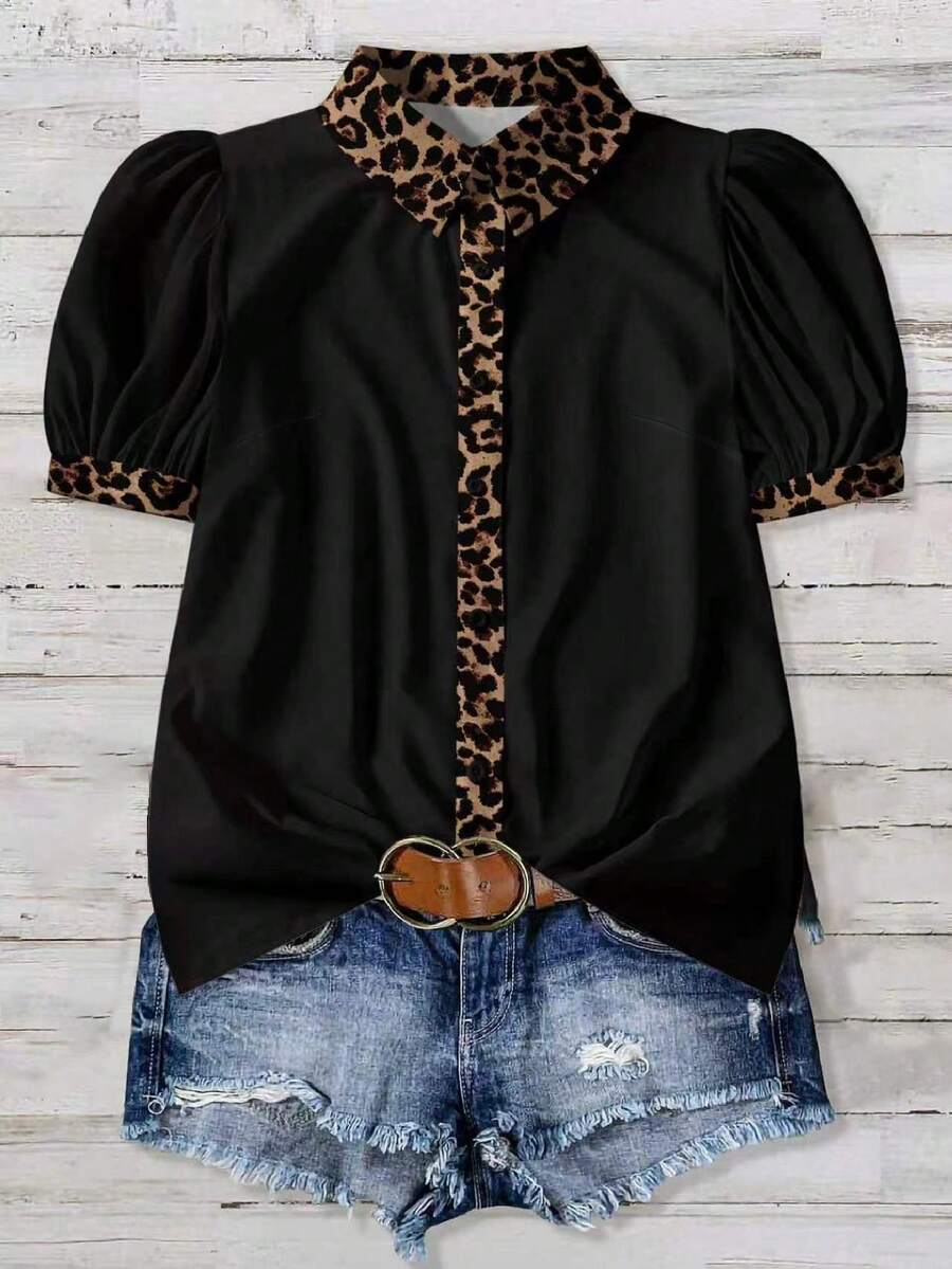 EMERY ROSE Plus Size Women Leopard Print Contrast Color Casual Shirt - Multicolor - View 1