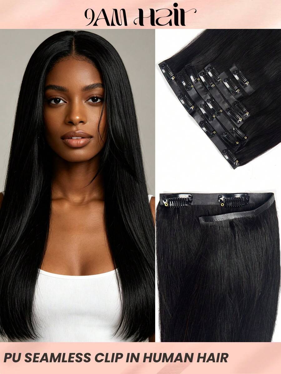 Extensiones de cabello humano con clips invisibles de PU, tejido de piel de PU sin costuras, liso y sedoso. Extensiones con clips reales de cabello humano, 7 piezas con 16 clips por set