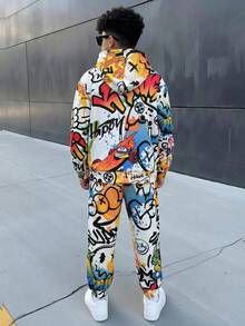 SHEIN 2件組兒童青少年男孩休閒簡約卡通趣味抽象塗鴉圖案寬鬆簡單針織軟綿連帽衛衣長袖運動衫與運動褲套裝，適合通勤、上學、日常休閒、度假、旅行、運動，秋冬適用 - 藍色 - 查看 4