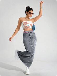 SHEIN ICON Plus Size Women Vintage Washed Denim Skirt, Autumn/Winter Date Night Dark Wash - Light Grey - View 4