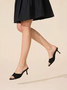 CUCCOO BASICS Women's Black Knitted Stiletto Heeled Mules Open Toe Sandals - Black Stripe - View 6