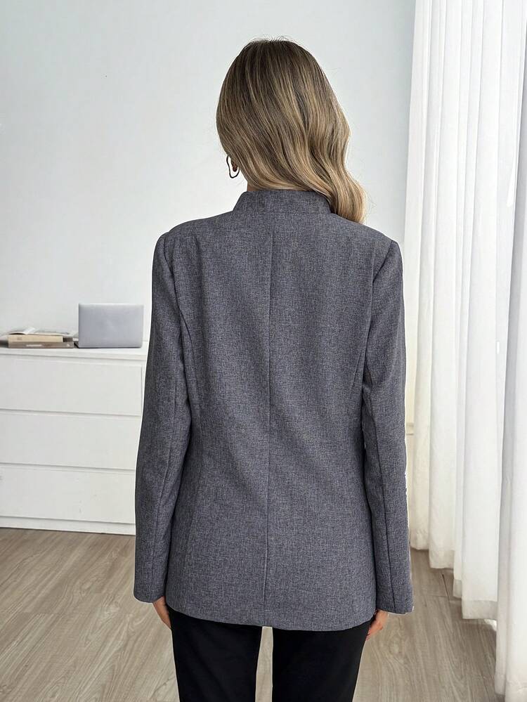 Easowa Stand Collar Frog Button Asymmetrical Placket Blazer Teachers' Day Office Dark Grey Summer Elegant - Grey - View 2
