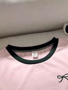 SHEIN 青少年女孩休閒日常百搭舒適圓領短袖T恤與長褲套裝 - 彩色 - 查看 4
