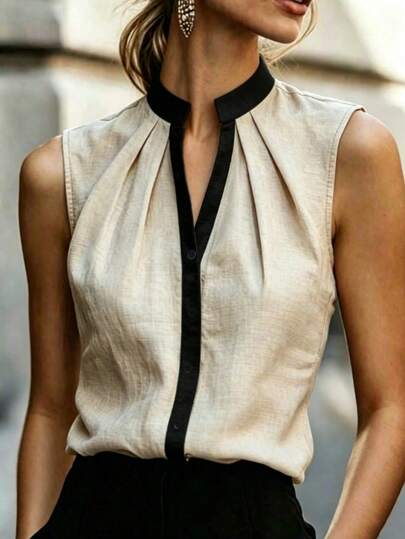SHEIN Blus Wanita Kasual Longgar Elegan dengan Kerah Tegak dan Lipatan Warna Aprikot Hitam, Cocok untuk Pakaian Sehari-hari Liburan Musim Semi/Panas, Atasan Wanita Gaya Klasik