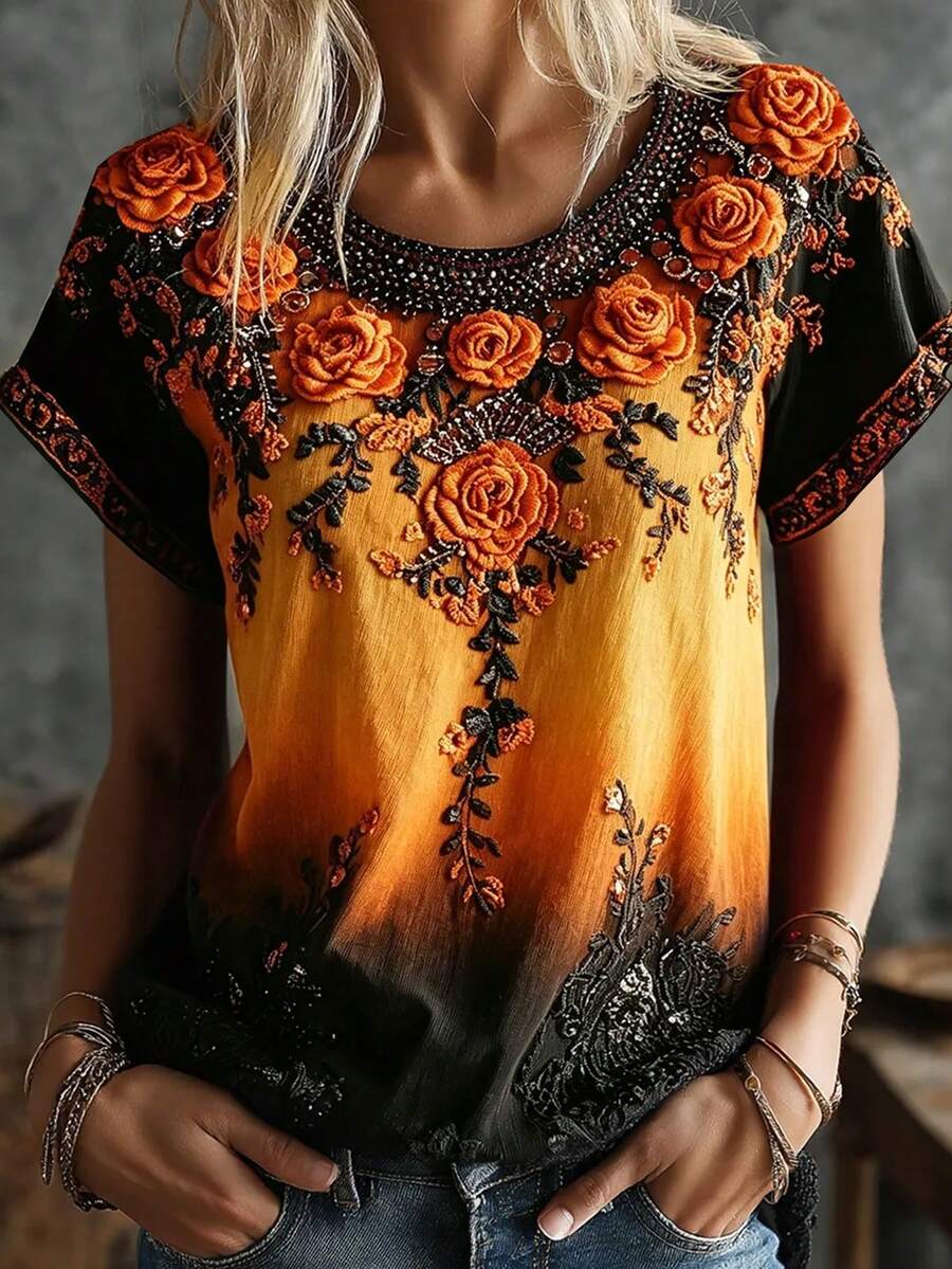 EMERY ROSE 女款復古玫瑰刺繡漸層圖案休閒萬聖節圓領T恤 - 彩色 - 查看 1