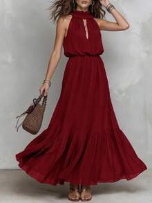 Solivie Damen Sommer Romantisch Boho Elegant Kleid Für Urlaub Brunch Burgunderrot - Bordeaux - Übersicht 8