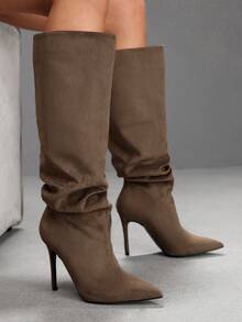 CUCCOO SZL Women's Rhinestone Pointed Toe Pleated Thigh High Boots, Fashionable For Date & Party Outfit For Christmas Spring Shoes - deep khaki - View 5