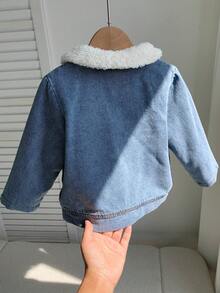 SHEIN 男女嬰兒/幼兒秋冬加厚抓絨內裡休閒時尚牛仔外套，嬰兒棉襖冬裝外套，絎縫外套，抓絨 - 藍色 - 查看 3