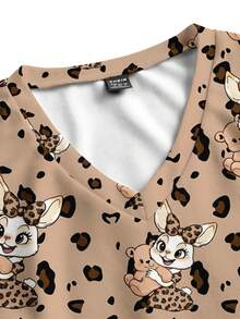 PopScrub Casual Minimalist Leopard Print Cute Rabbit Pattern Scrub Top, Suitable For Work Commute, Pet Hospital - Multicolor - View 5