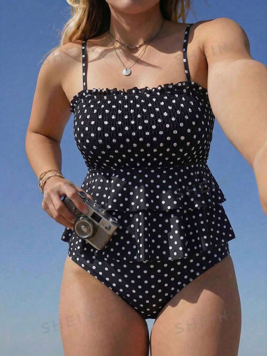 Swim Mod Plus Size Women's Summer Beach Vacation Polka Dot Print Ruched Bust Spaghetti Strap Swimwear Set - Black and White - View 1