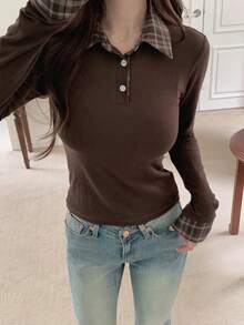 DAZY Kaos Lengan Panjang Wanita Berkerah Motif Kotak-kotak Gaya Korea untuk Musim Gugur - Coffee Brown - View 8