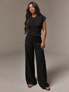 Athîral Women's Versatile Button Knit Top And Drawstring Waist Knit Pants 2 Pieces Set, Airport Casual Commute - Black - View 1