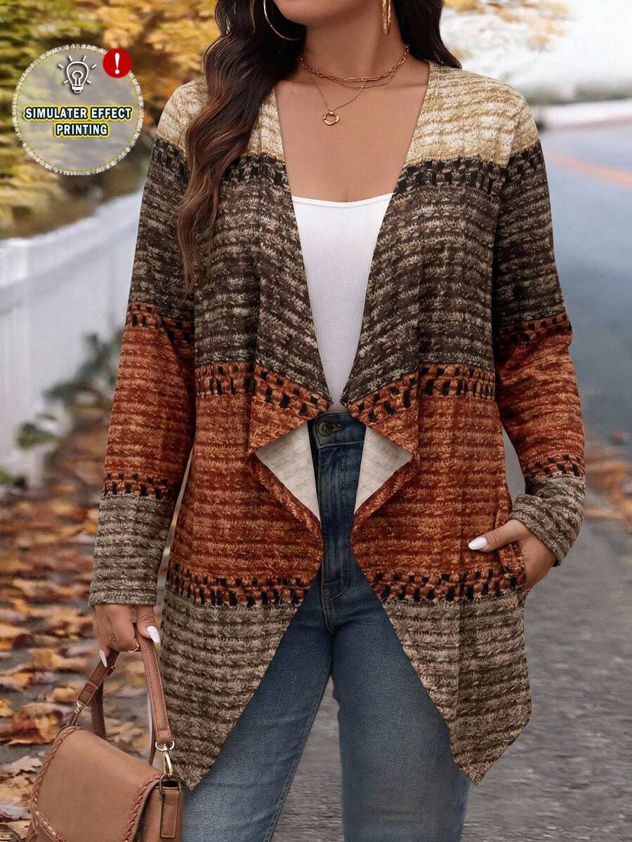 Rosumi Plus Size Rustic Retro Colorblock Patchwork Long Sleeve Open Front Jacket Fall Autumn Casual Layering Going Out Outfits Women Jacket - Multicolor - View 1