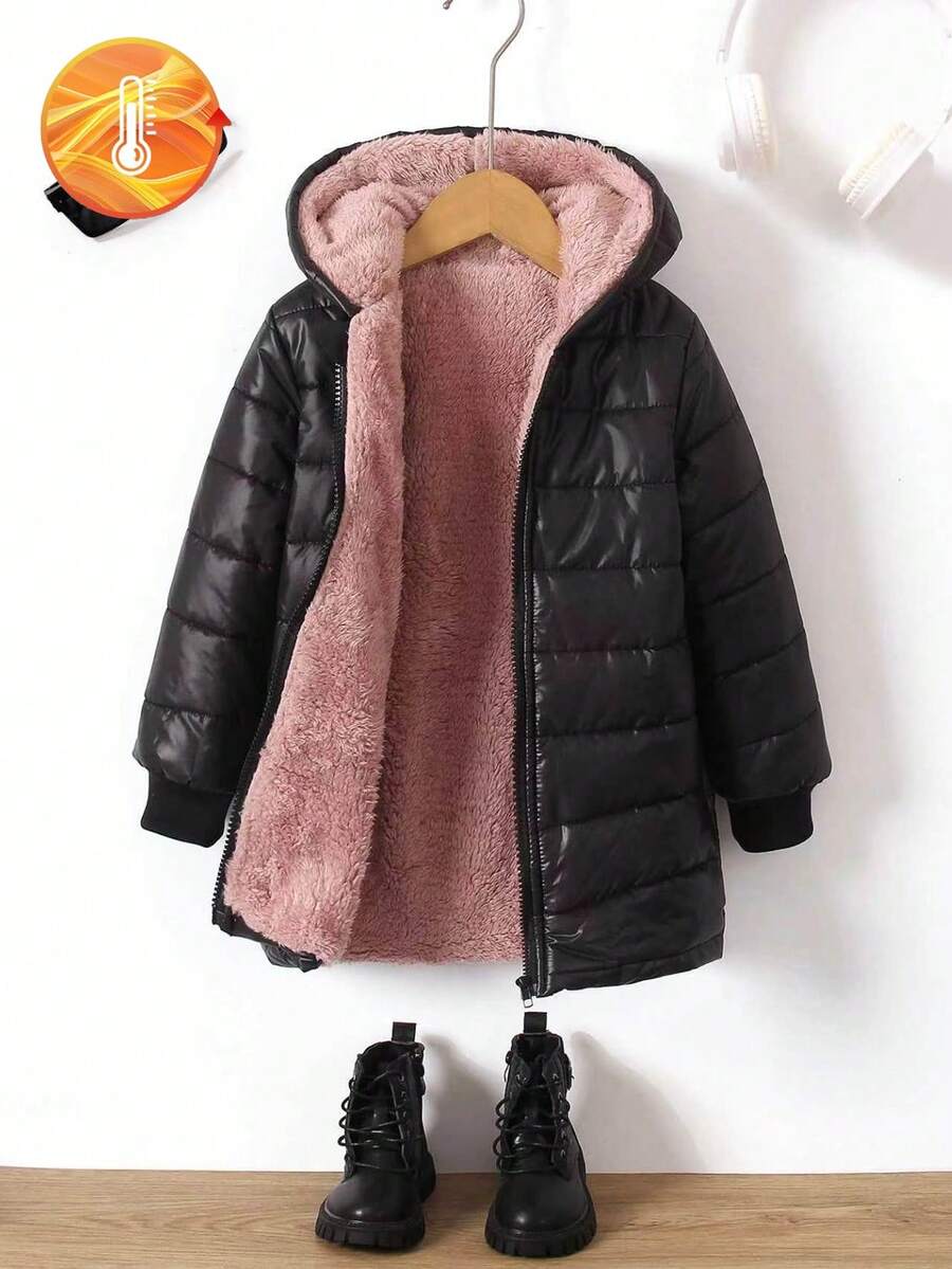 SHEIN 女童拉鍊連帽毛絨內裡加厚外套 女童外套 童女外套 童女冬季夾克 童女黑色外套