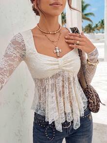 Chiquease Women's White Elegant Autumn Dinner Date Y2K V-Neck Solid Lace Long-Sleeved Top, Cute Party Streetwear Casual Graduation Blouse - Apricot - View 1